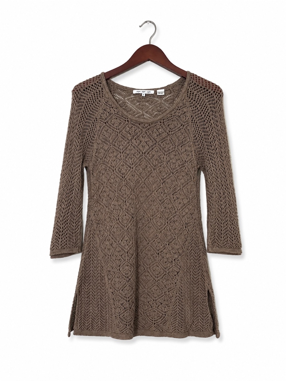 888 Eight Eight Eight Taupe Brown Open Knit Cotton Tunic Sweater Small Boho